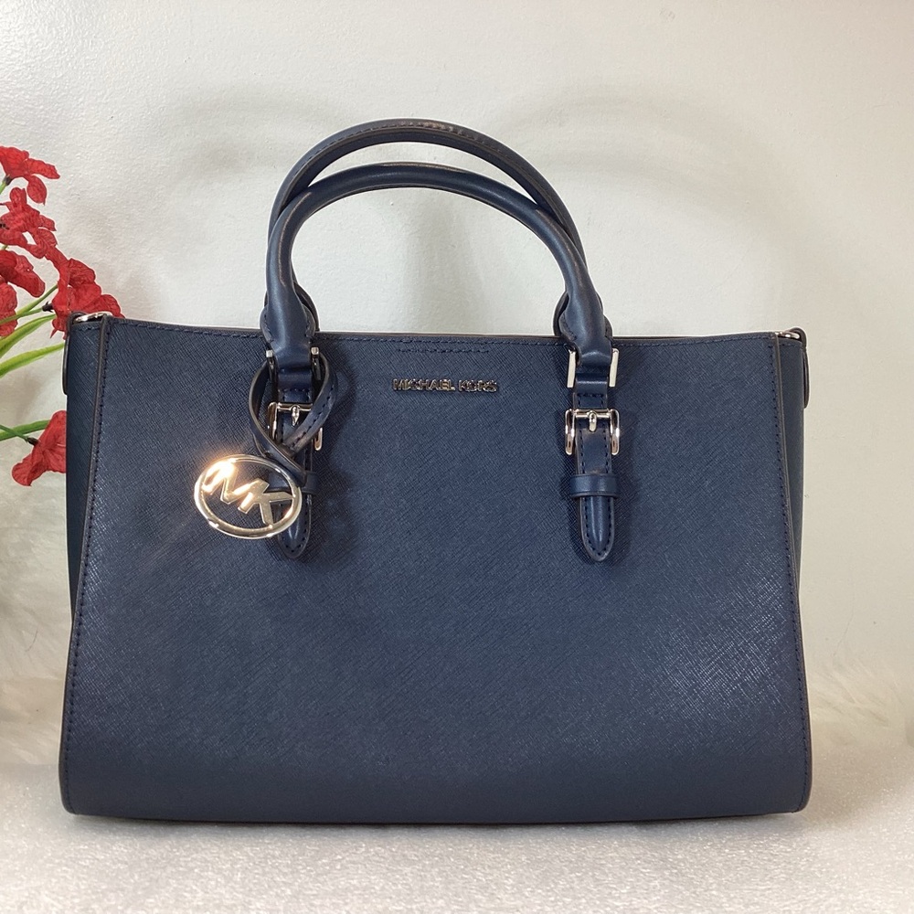 MICHAEL KORS CHARLOTTE MED SAFFIANO LEATHER SATCHEL TOTE BAG BLUE - Picture 2 of 10
